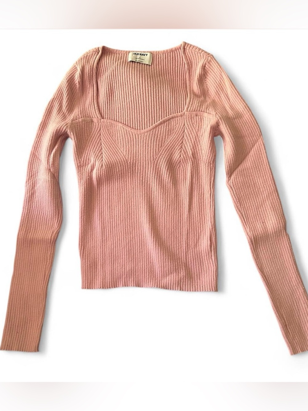 Old Navy pink ribbed long sleeve fitted sweater with sweetheart neckline